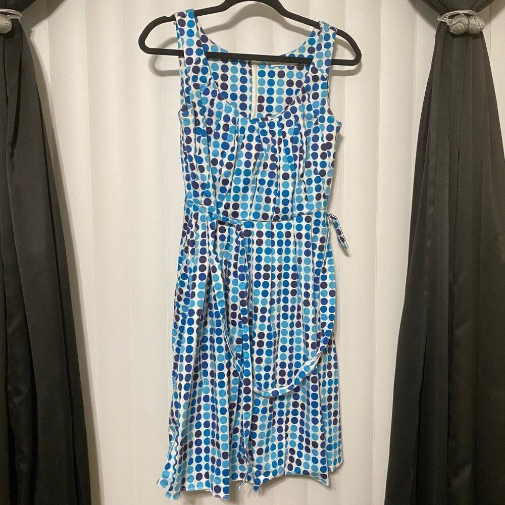 Calvin Klein sleeveless polka dot blue dress, tie back with zippered back